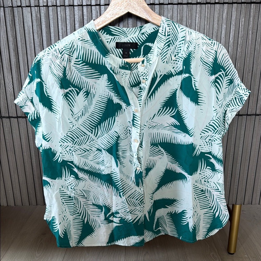 J. Crew 100% Silk Green Leaf Print Blouse